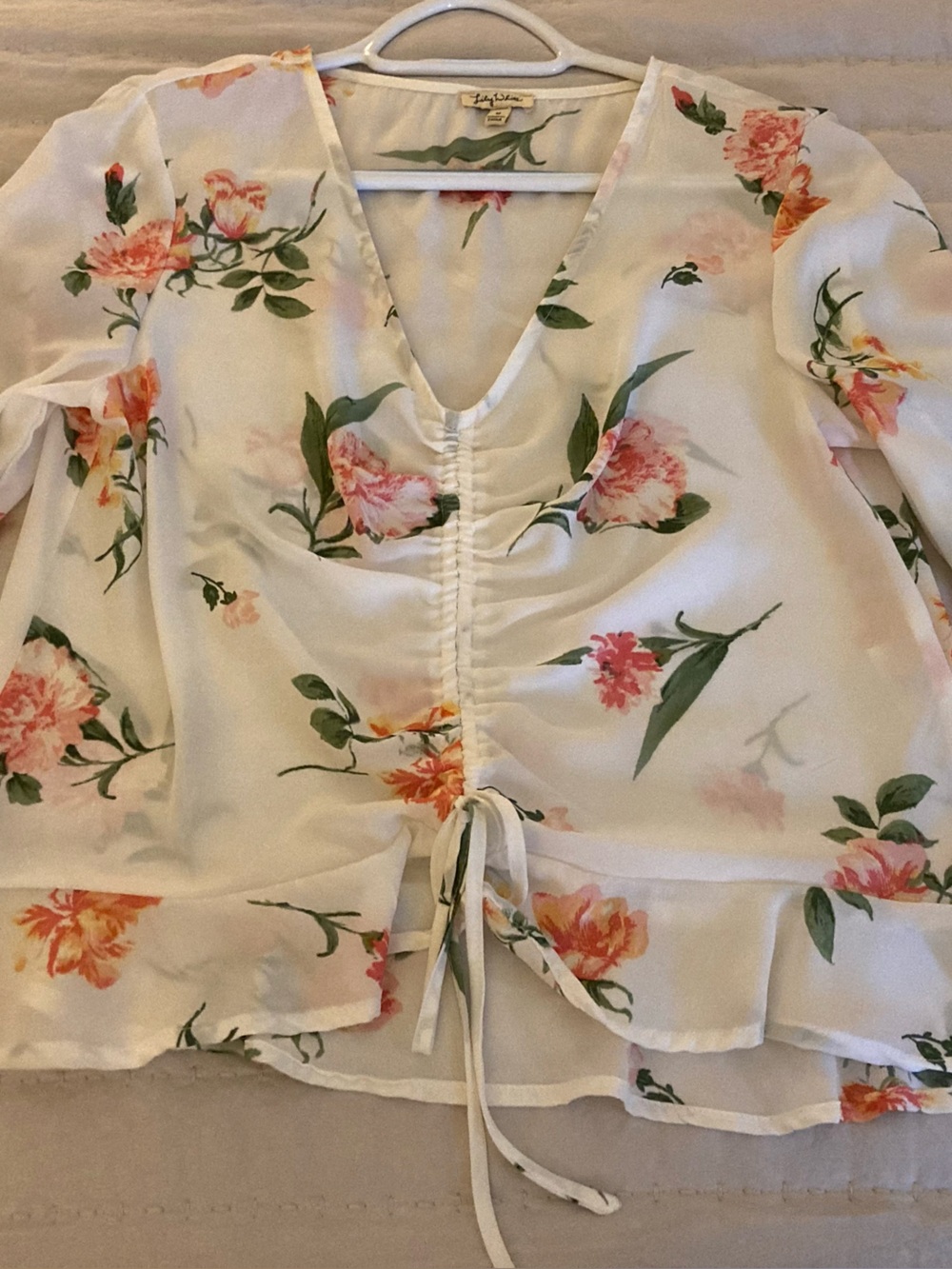 Lily White Top with Peach Floral Print and Green Leaves